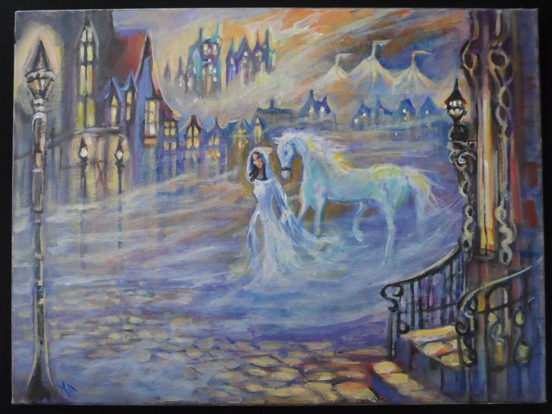 Woman walking with white horse