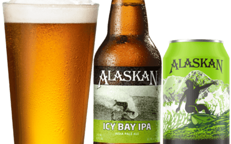 Alaska beer bottle, can and glass