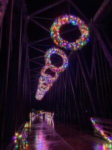 christmas lighs on bridge